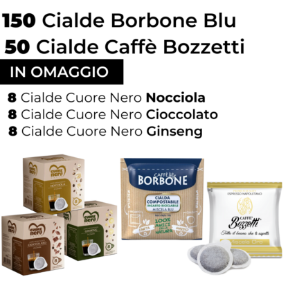 PROMO: 150 Cialde Borbone Blu + 50 Cialde Bozzetti + 24 Cialde Cuore Nero Assortite (8 Nocciola, 8 Cioccolato, 8 Ginseng)